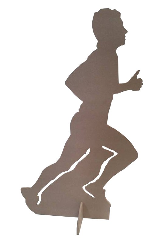 Silhouette en carton découpée représentant un coureur en plein effort, autoportante, finition kraft naturel